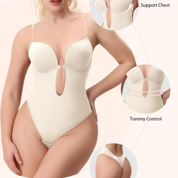 Slimers Accessories - Cream Shapewear Bodysuit with Plunging V-Wire